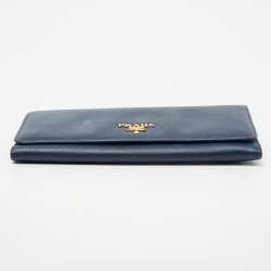 Pre Owned Prada Navy Blue Saffiano Metal Leather Logo Flap Continental Wallet