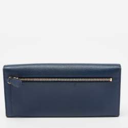 Pre Owned Prada Navy Blue Saffiano Metal Leather Logo Flap Continental Wallet