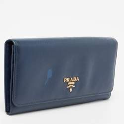 Pre Owned Prada Navy Blue Saffiano Metal Leather Logo Flap Continental Wallet