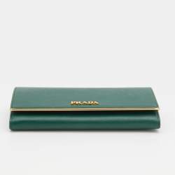 Pre Owned Prada Green Saffiano Leather Metal Bar Continental Wallet