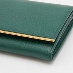 Pre Owned Prada Green Saffiano Leather Metal Bar Continental Wallet