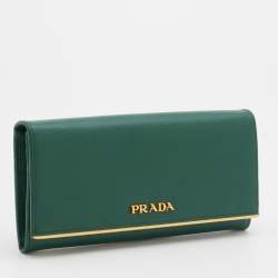 Pre Owned Prada Green Saffiano Leather Metal Bar Continental Wallet