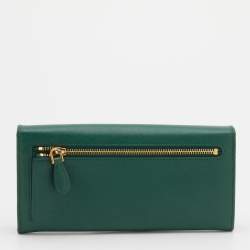 Pre Owned Prada Green Saffiano Leather Metal Bar Continental Wallet