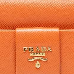 Pre Owned Prada Orange Saffiano Lux Leather Bow Flap Continental Wallet