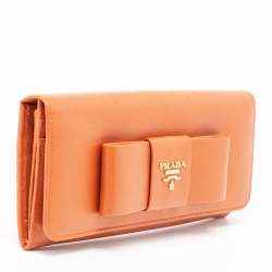 Pre Owned Prada Orange Saffiano Lux Leather Bow Flap Continental Wallet