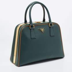 Pre Owned Prada Green Saffiano Lux Leather Pyramid Frame Satchel