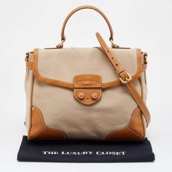 Pre Owned Prada Beige/Tan Canvas and Cinghiale Leather Top Handle Bag