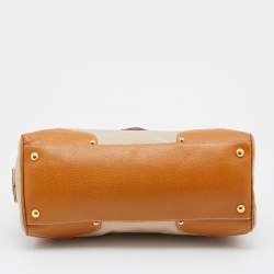 Pre Owned Prada Beige/Tan Canvas and Cinghiale Leather Top Handle Bag