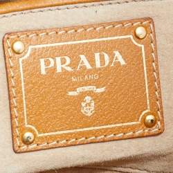 Pre Owned Prada Beige/Tan Canvas and Cinghiale Leather Top Handle Bag