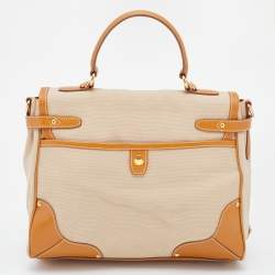 Pre Owned Prada Beige/Tan Canvas and Cinghiale Leather Top Handle Bag