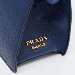 Pre Owned Prada Blue Logo Embossed Saffiano Lux Leather Frame Top Handle Bag