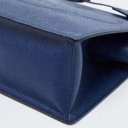 Pre Owned Prada Blue Logo Embossed Saffiano Lux Leather Frame Top Handle Bag