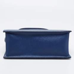 Pre Owned Prada Blue Logo Embossed Saffiano Lux Leather Frame Top Handle Bag
