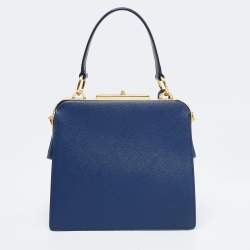 Pre Owned Prada Blue Logo Embossed Saffiano Lux Leather Frame Top Handle Bag