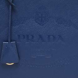 Pre Owned Prada Blue Logo Embossed Saffiano Lux Leather Frame Top Handle Bag