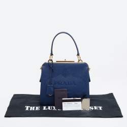 Pre Owned Prada Blue Logo Embossed Saffiano Lux Leather Frame Top Handle Bag