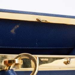 Pre Owned Prada Blue Logo Embossed Saffiano Lux Leather Frame Top Handle Bag