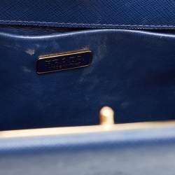 Pre Owned Prada Blue Logo Embossed Saffiano Lux Leather Frame Top Handle Bag