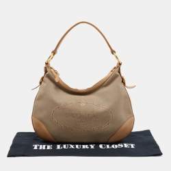 Pre Owned Prada Beige Logo Jacquard Canvas and Leather Hobo