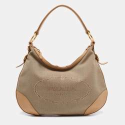 Pre Owned Prada Beige Logo Jacquard Canvas and Leather Hobo