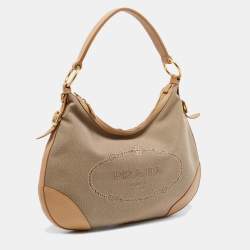 Pre Owned Prada Beige Logo Jacquard Canvas and Leather Hobo