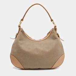 Pre Owned Prada Beige Logo Jacquard Canvas and Leather Hobo