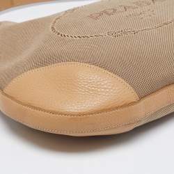 Pre Owned Prada Beige Logo Jacquard Canvas and Leather Hobo