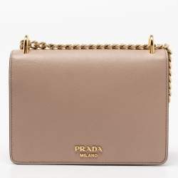 Pre Owned Prada Beige Leather Pushlock Flap Chain Shoulder Bag