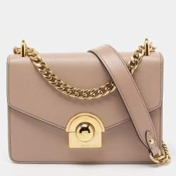 Pre Owned Prada Beige Leather Pushlock Flap Chain Shoulder Bag