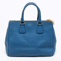 Pre Owned Prada Blue Vitello Daino Leather Double Zip Tote