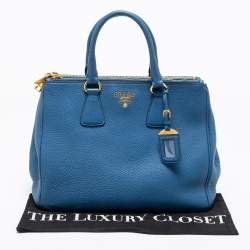 Pre Owned Prada Blue Vitello Daino Leather Double Zip Tote