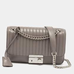 Pre Owned Prada Grey Vertical Quilted Leather Medium Flap Shoulder Bag