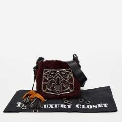 Pre Owned Prada Burgundy/Black Calf Hair And Quilted Velvet Small Corsaire Shoulder Bag