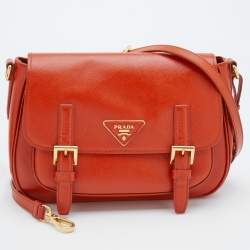Pre Owned Prada Orange Saffiano Patent Leather Messenger Bag
