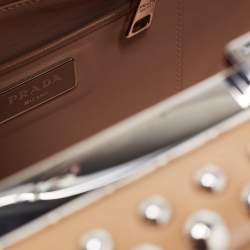 Pre Owned Prada Beige Saffiano Patent Leather Studded Pyramid Frame Satchel