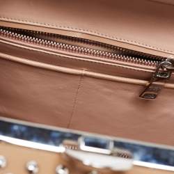 Pre Owned Prada Beige Saffiano Patent Leather Studded Pyramid Frame Satchel