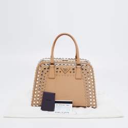 Pre Owned Prada Beige Saffiano Patent Leather Studded Pyramid Frame Satchel