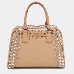 Pre Owned Prada Beige Saffiano Patent Leather Studded Pyramid Frame Satchel
