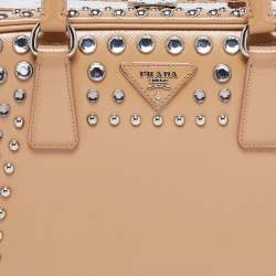 Pre Owned Prada Beige Saffiano Patent Leather Studded Pyramid Frame Satchel