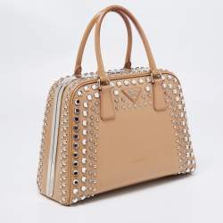 Pre Owned Prada Beige Saffiano Patent Leather Studded Pyramid Frame Satchel