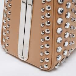 Pre Owned Prada Beige Saffiano Patent Leather Studded Pyramid Frame Satchel