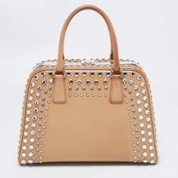 Pre Owned Prada Beige Saffiano Patent Leather Studded Pyramid Frame Satchel