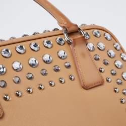 Pre Owned Prada Beige Saffiano Patent Leather Studded Pyramid Frame Satchel