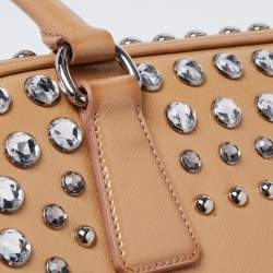 Pre Owned Prada Beige Saffiano Patent Leather Studded Pyramid Frame Satchel