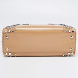 Pre Owned Prada Beige Saffiano Patent Leather Studded Pyramid Frame Satchel