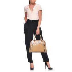 Pre Owned Prada Beige Saffiano Patent Leather Studded Pyramid Frame Satchel