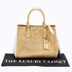 Pre Owned Prada Gold/White Saffiano Lux Leather Small Tote
