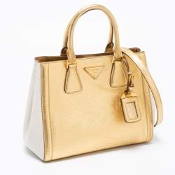 Pre Owned Prada Gold/White Saffiano Lux Leather Small Tote