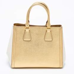Pre Owned Prada Gold/White Saffiano Lux Leather Small Tote