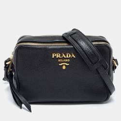 Prada Black Vitello Daino Leather Double Zip Medium Camera